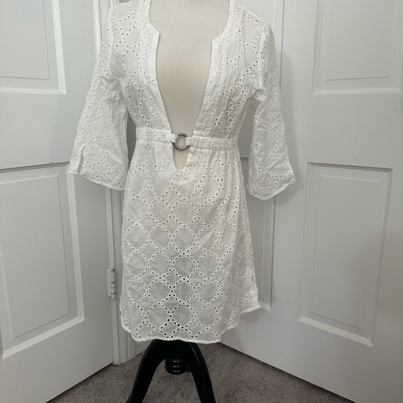 NWT! ECHO Eyelet Cover-up Tunic Dress Deep V Low Neck & O-Ring M White Coverup - Picture 2 of 11